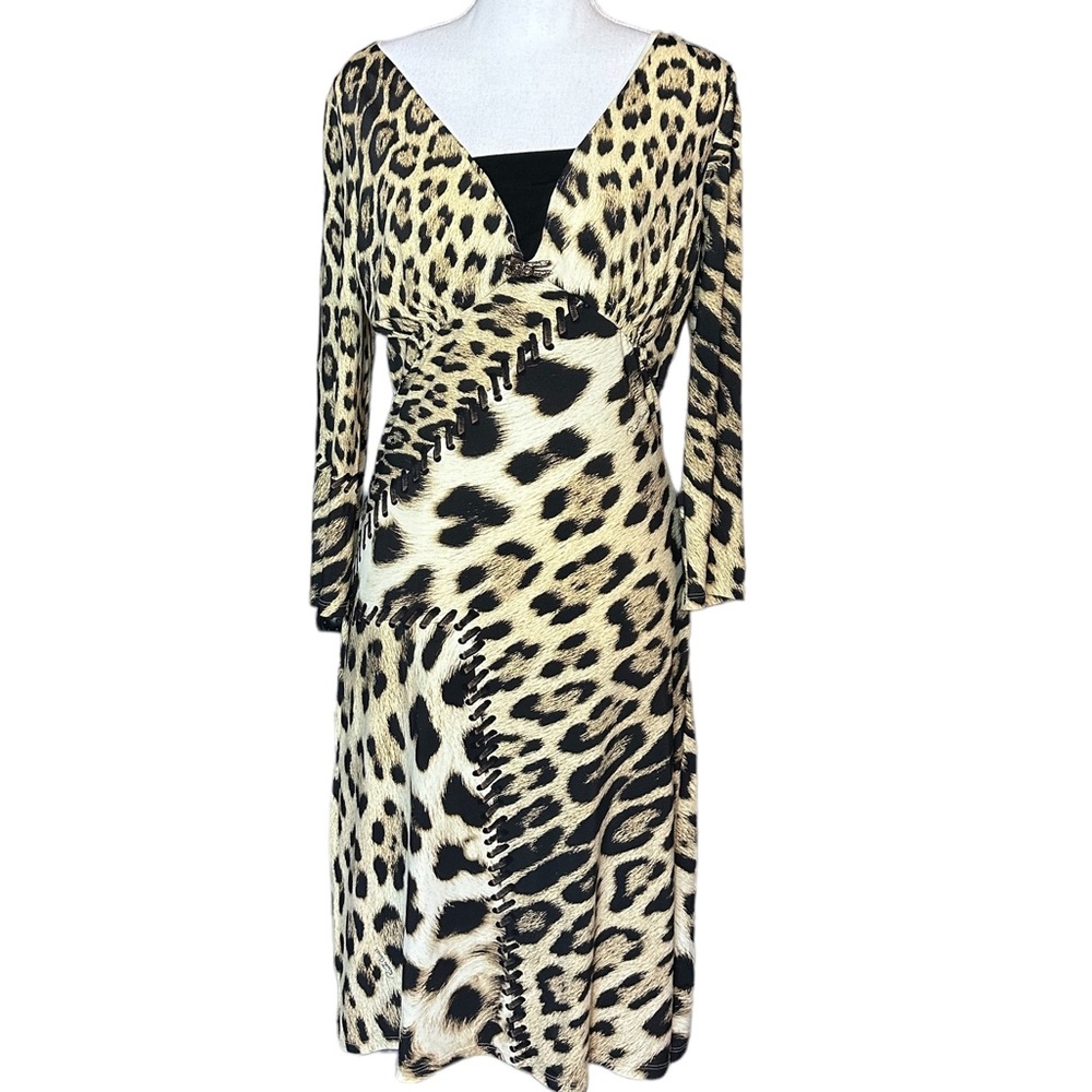 ROBERTO CAVALLI: 3/4 Sleeve Leopard Print Midi Dress -Size 44 (8 US)